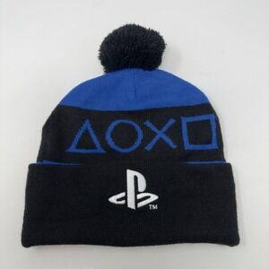Sony PlayStation CultureFly Black Blue Pom Beanie Knit Hat One Size Fits Most